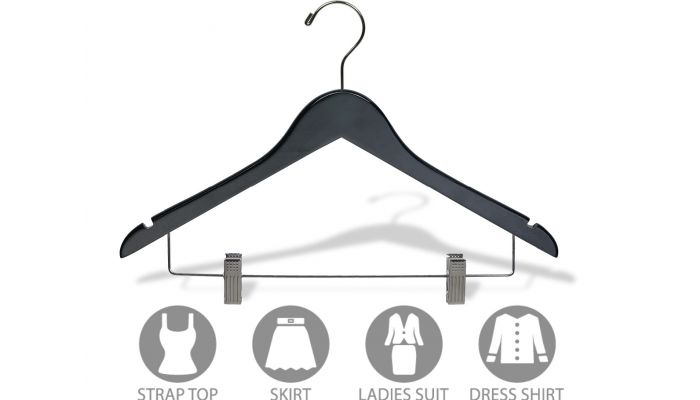 100 Hangers Black Rubber Coated Non Slip Wood Pant/Skirt Hanger with Clips 