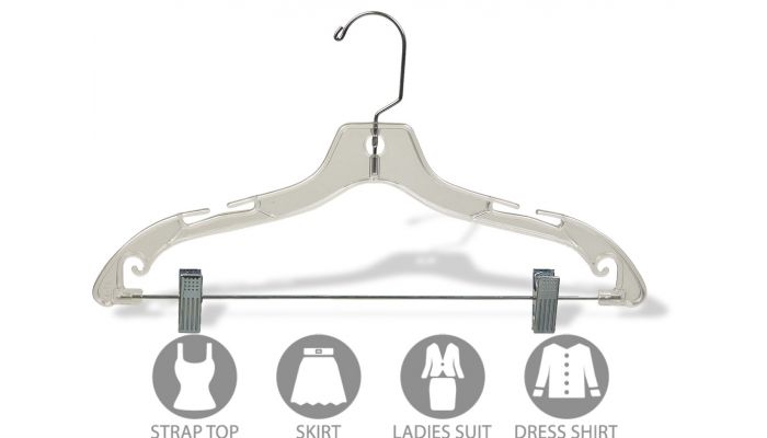 Set of 100 Clear Plastic Combo Hanger With Clips & Notches (17 X 7/16)