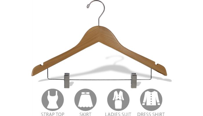 18 Large Wooden Coat Hanger - Natural with Chrome Clips