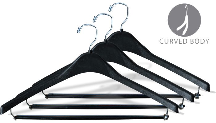 Set of 100 Matte Black Plastic Suit Hanger With Locking Bar (17