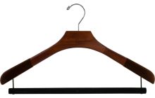 Oversized Walnut Wood Top Hanger W/ Flocked Shoulders & Flocked Bar (18" X 2")
