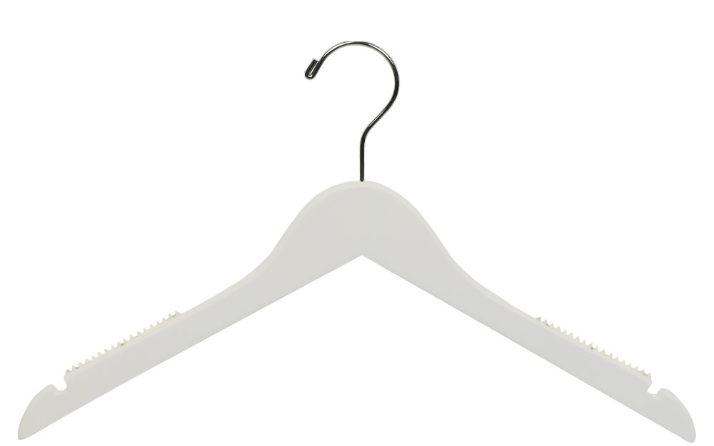 White wood hanger with notches and rubber strips